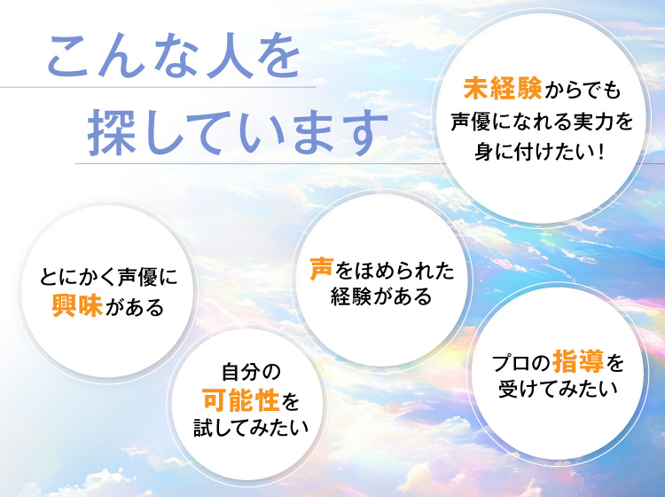 こんな人を探しています 未経験からでも声優になれる実力を身に付けたい！ とにかく声優に興味がある 声をほめられた経験がある 自分の可能性を試してみたい プロの指導を受けてみたい